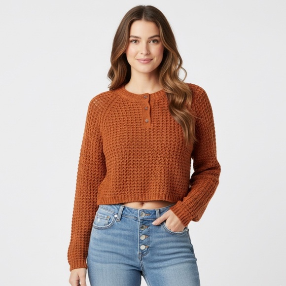 Aeropostale M Rust Orange Cropped Henley Knit Sweater - Picture 1 of 8